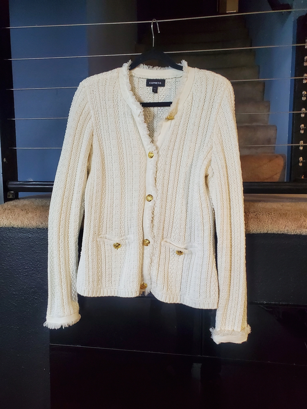 Express Cream Fringe-Trim Gold-Button Knit Cardigan